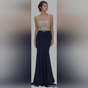 Mermaid Dress Illusion Beaded Top Stretch Satin blue gold